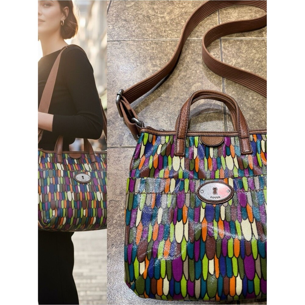 Fossil Key-Per Multicolor Feather Print Crossbody Tote Bag